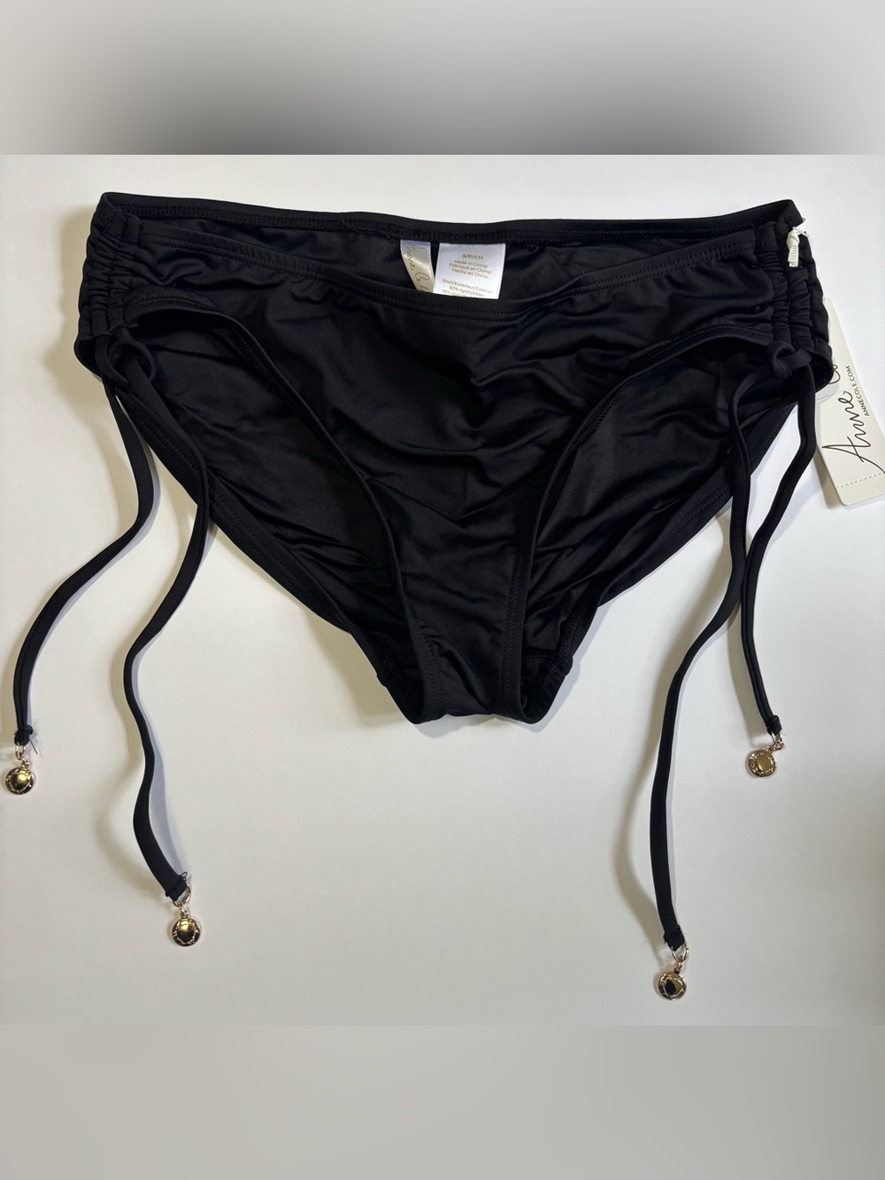 NWT Anne Cole Side Tie Bikini Bottom Small Black Adjustable Swim Bottom
